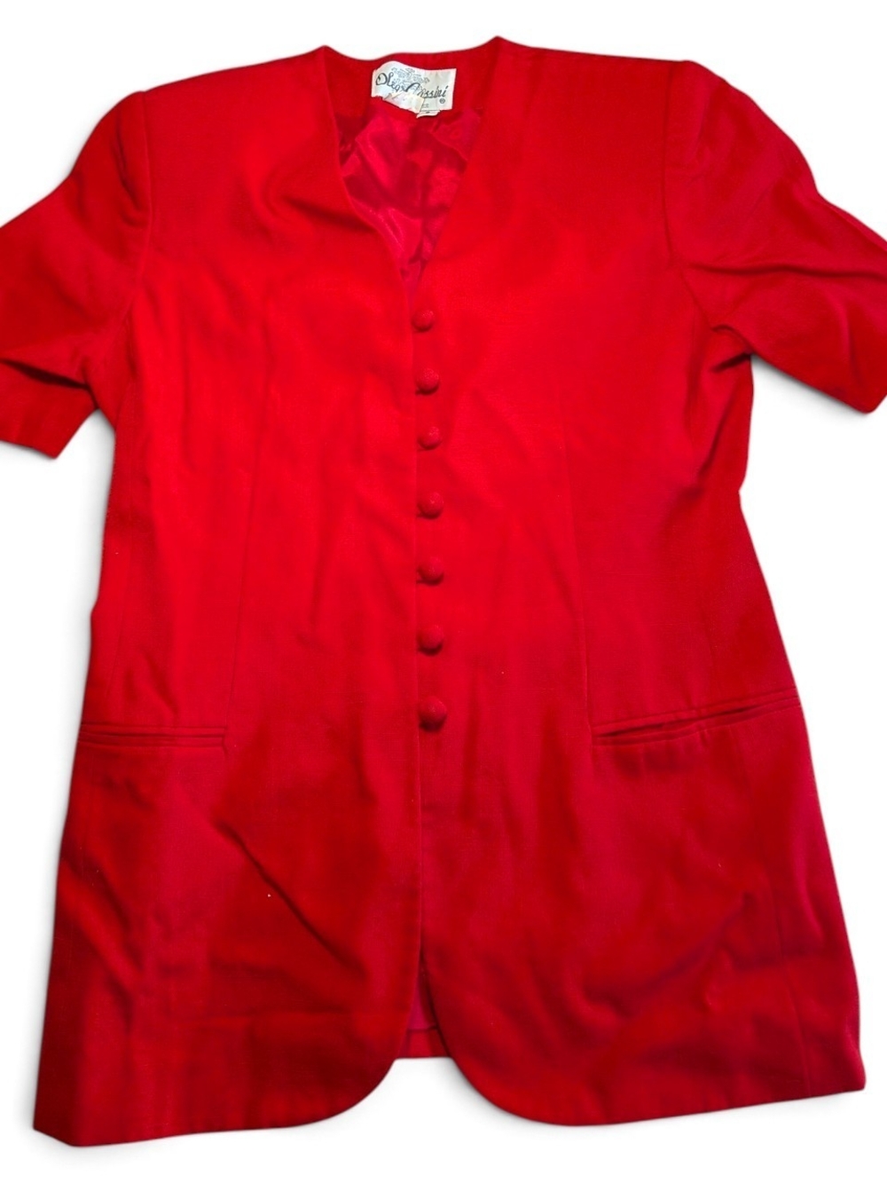 Vtg 90s Oleg Cassini Red Short Sleeve Longline Collarless Button Blazer 6
